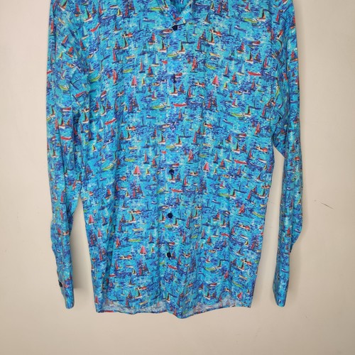 Jared Lang Mens Button Up Shirt Small Saiboat Print Blue Cotton Ocean Nautical - Picture 3 of 9