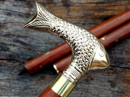 Bastone da passeggio vintage antico in ottone testa di pesce legno vittoriano regalo - Foto 2 di 4