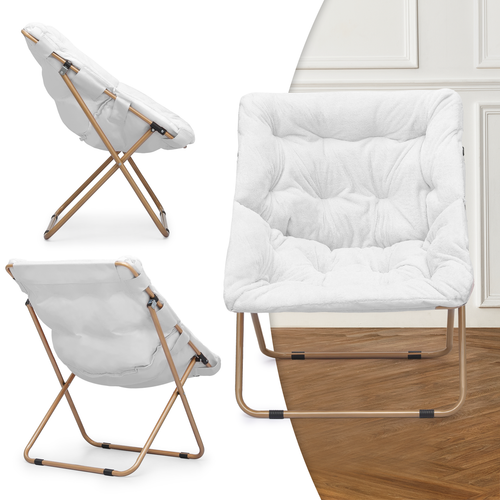 White Folding Saucer Moon Lounge Chair Oversized Square Faux Fur Upholstery Seat - Picture 11 of 11