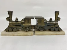 Vintage MCM Park Sherman Brass & Marble Train Steam Locomotive Bookends
