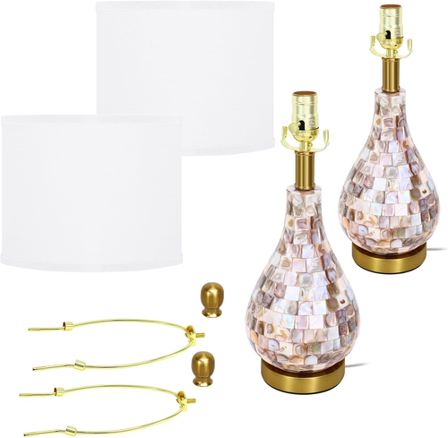Modern Coastal Table Lamps Set of 2, Natural Mother of Pearl Tiles 23.5" Bedside - Picture 6 of 7