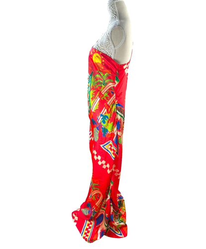 Red Satin Maxi Dress Holiday Print Beaded Strap Women’s UK Size 16 - Picture 4 of 9