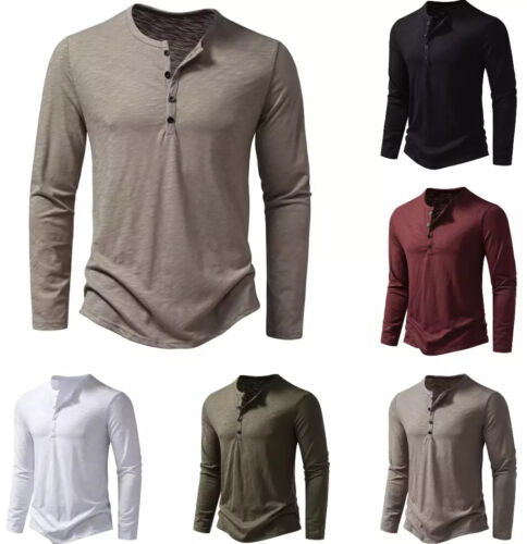 Men's Shirt Cotton Henley Neck T-Shirts Long Sleeve Casual Button Plain