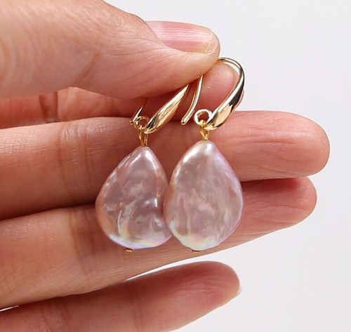 Natural 15x20mm Purple Cultured Baroque Pearl Earrings 18KGP Ear Drop Hoop ~~P45 - Picture 6 of 8