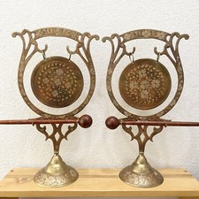 Vintage Pair Of Etched Brass Metal India Decorative 17 Gong with Wood Drumstick