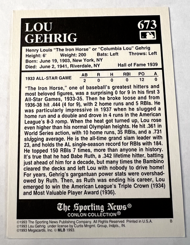 1993 Conlon Collection The Sporting News #673 Lou Gehrig American League 1933 - Picture 2 of 4