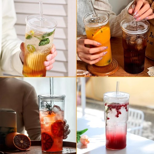 Durable 22 oz Ribbed Glass Mugs with Lids, Straws - Perfect for Drinks at Home - Picture 8 of 11