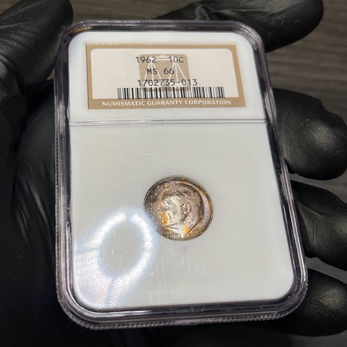 MS66 1962 10C Roosevelt Silver Dime, NGC- Old Holder, Rainbow EOR Toned - Picture 2 of 7