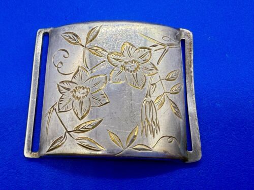Flower Etched Leaf Pedals Antique CPO Toyokoki .950 Silver Belt Slide - Picture 2 of 20