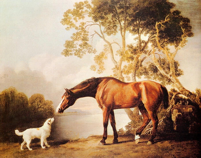 POSTER BROWN HORSE WHITE DOG PAINTING BY GEORGE STUBBS VINTAGE REPRO FREE S H