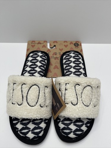 New Rae Dunn Women's House Slide Slippers Black/Ivory Besos Kisses Small 5-6 - Picture 1 of 8