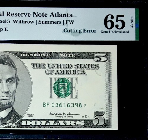 GEM*STAR* $5 Federal Reserve Note-Cutting Error-Black Line Show On Top-PMG#65EPQ - Picture 2 of 4