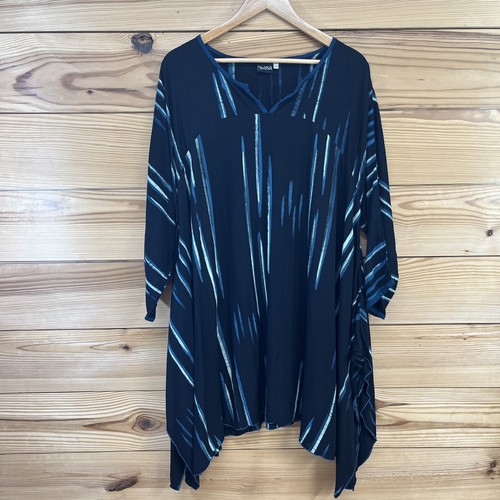 Iguana Shirt Large XL Tunic Top Black Blue Rayon Shirt Boho Oversized 3/4 B169