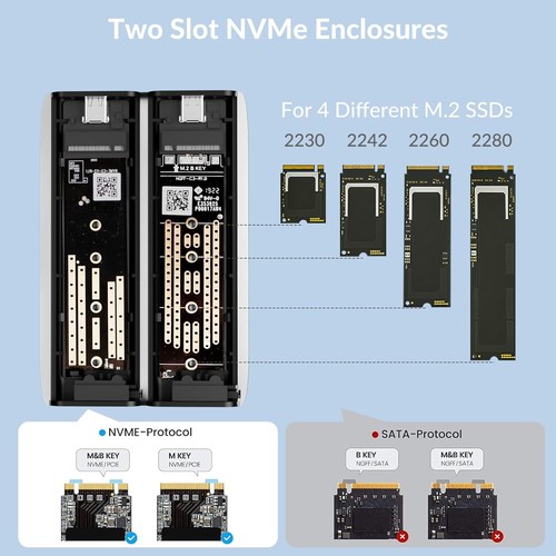 Dual-Bay USB 3.2 M.2 NVME SSD Enclosure 10Gbps Supports M and B&M Keys Gift - Afbeelding 2 van 8