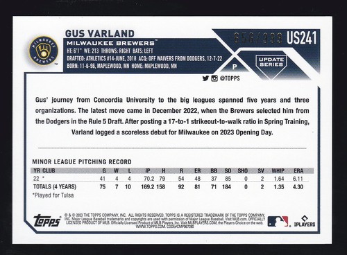 2023 Topps Update Series #US241 GUS VARLAND RC Rookie 656/999 BLUE FOILBOARD - Bild 2 von 3