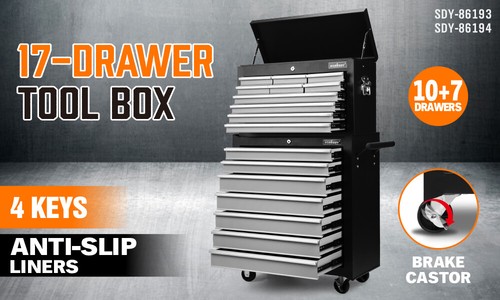 HORUSDY 17 Drawer Tool Box Trolley Cabinet Storage Cart Garage Toolbox Organiser - Picture 2 of 14