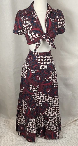 Hawaiian Set Maxi Skirt & Tie Halter Top Vintage 1970s Resort Wear Boho Hippy XS