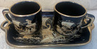 Greece Tea Set 2 small cups & rectanglar Tray 24K gold accents VTG KE D. Strigos