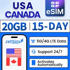 USA&Canada eSIM 20GB High-Speed, 15 Day T-Mobile, & Verizon JetSim/Travel SIM