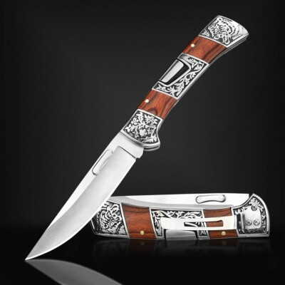 Cuchillo Táctico Plegable Navaja Spear Point de Bolsillo con Mango Madera 3.9''