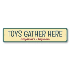 Toys Gather Here Sign, Custom Child Name Playroom Aluminum Metal Decor Sign