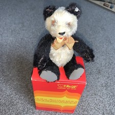STEIFF VINTAGE 5.5  PANDA BEAR MOHAIR Fully JOINTED W/BOW  Silver BUTTON BOXED