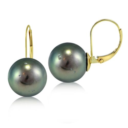 14K Yellow Gold Tahitian Cultured Pearl 11mm Leverback Earrings - Afbeelding 1 van 3