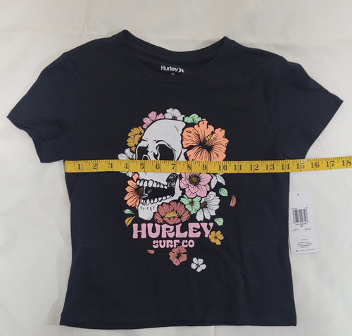 NWT Cropped T-Shirt HURLEY SURF CLUB Black Sz XS Shrt Sleve Skull Flowers Print - Picture 4 of 10