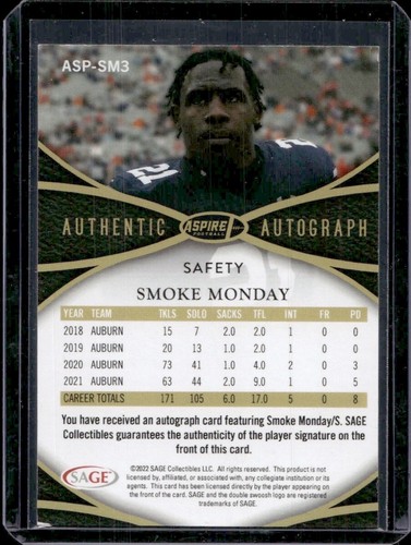 Smoke Monday 2022 Sage Aspire Red Auto Autograph Rookie Rc - Picture 2 of 3