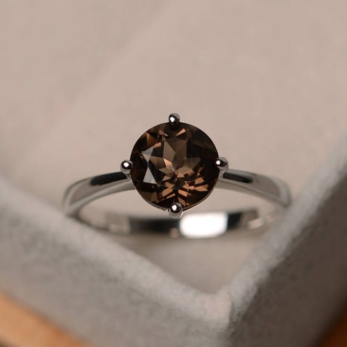 Anillo de compromiso de cuarzo ahumado natural de plata de ley 925 corte redondo - Imagen 2 de 7