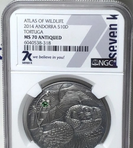 ATLAS OF WILDLIFE 2014 ANDORRA S10D TORTUGA NGC MS70 ANTIQUED SEVEN K LABEL - Picture 2 of 5
