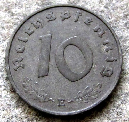 GERMANY THIRD REICH 1943 E 10 REICHSPFENNIG EAGLE HOLDING SWASTIKA Zinc km# 101 - Picture 2 of 6
