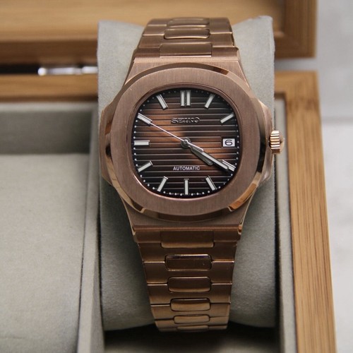 Seikmod CopperWave NH35 Automatic Sapphire Rose Gold PVD Brown Wave Dial - Picture 2 of 5