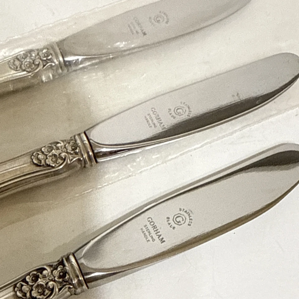 "Juego de 3 esparcidores de cuchillos de mantequilla de plata esterlina Gorham Buttercup sin monograma 6""" Foto 4 de 4