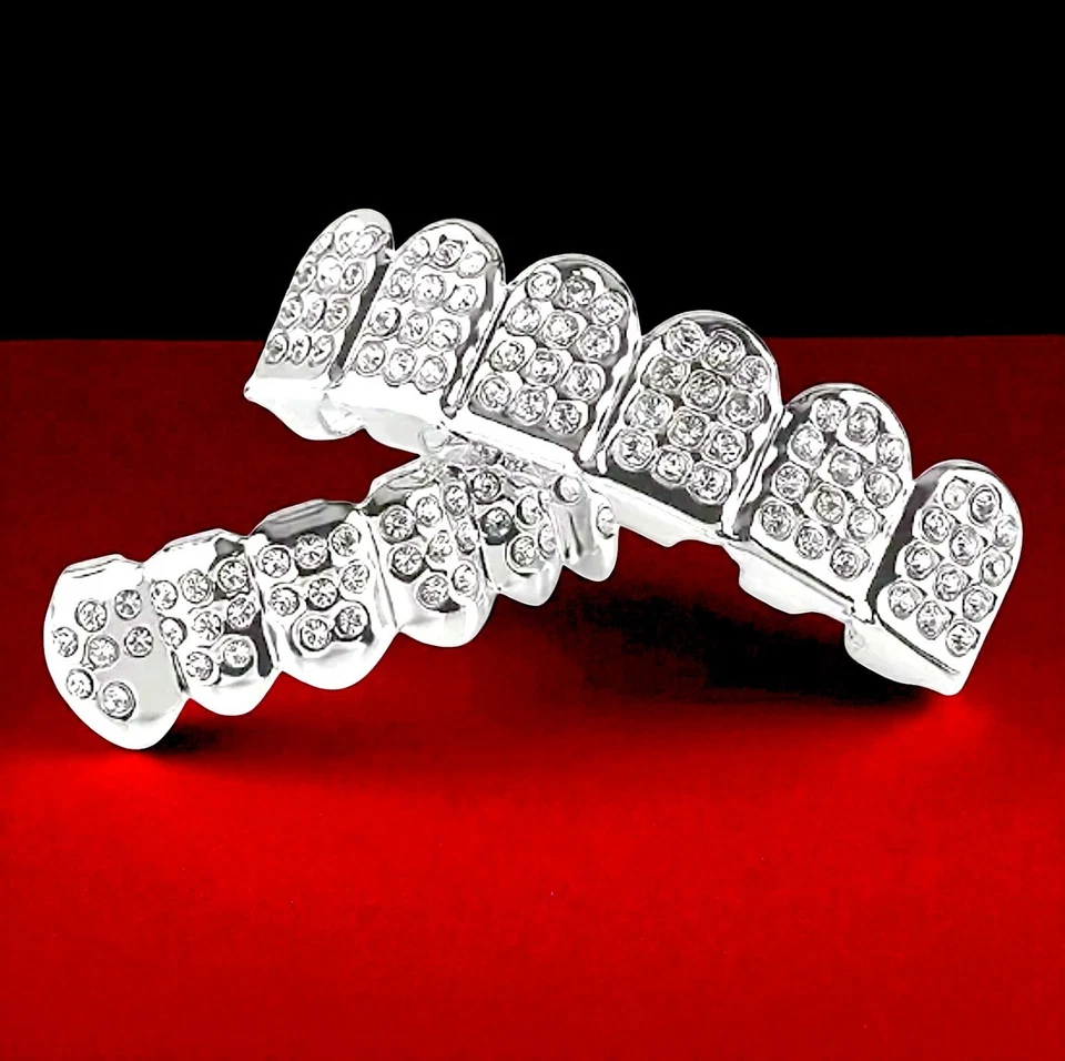 Роскошный серебряный блестящий мундштук Iced CZ Grillz 💎 на заказ хип-хоп - Изображение 3 из 3