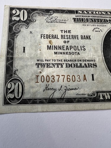 1929 Series $20 Federal Reserve Bank Minneapolis FRBN Twenty Dollar $20 - Picture 6 of 6