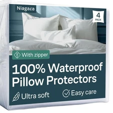 Niagara 4 Pack Waterproof Pillow Protectors Standard 20x26 Inches Smooth Zipp...