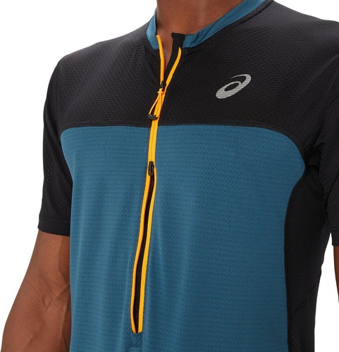 Asics FujiTrail Mens Running Top Blue Short Sleeve Half Zip Lightweight T-Shirt - Picture 4 of 6