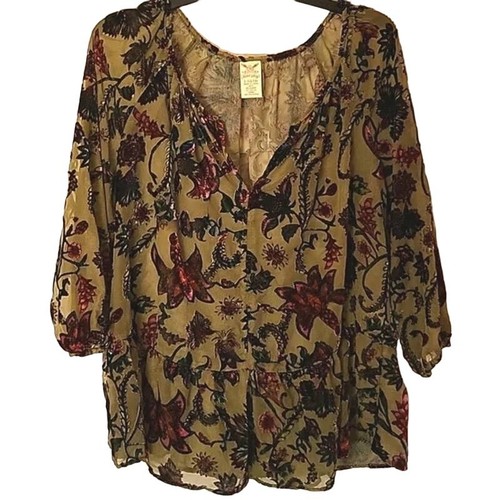 Faded Glory Green Floral Velvet Burnout Peplum Peasant Top Size Large - Picture 3 of 5