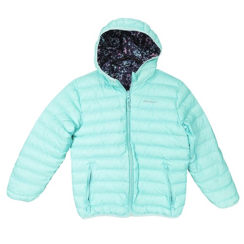 Eddie Bauer Kids Reversible Down Puffer Jacket sz L 14/16 Blue Floral Aqua Snow - Picture 15 of 16