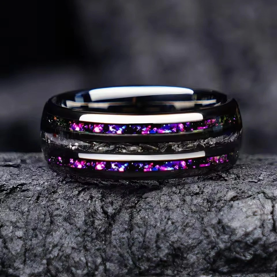 Anillo de galaxia meteorito arenisca azul banda negra de boda de carburo de tungsteno para hombre Foto 2 de 4
