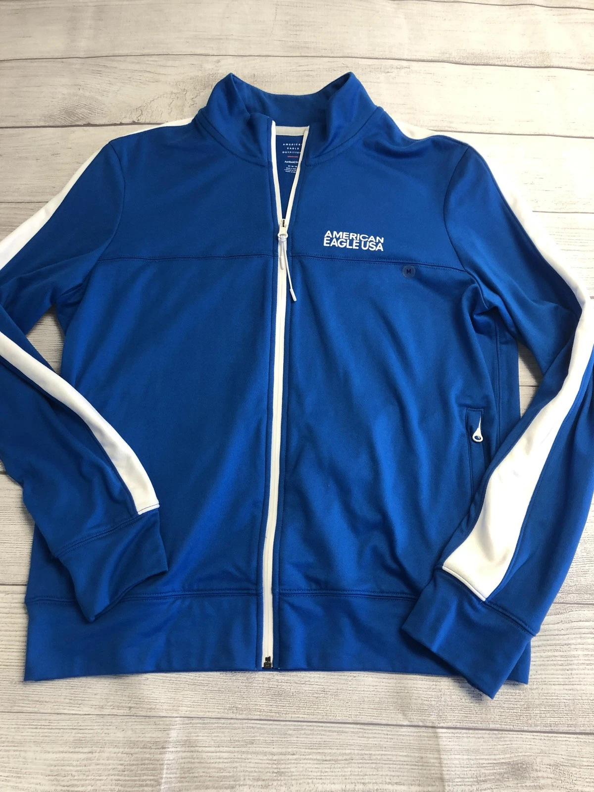 American Eagle Jacket Mens Medium Blue Track Full Zip Striped AprèsACTIVE USA