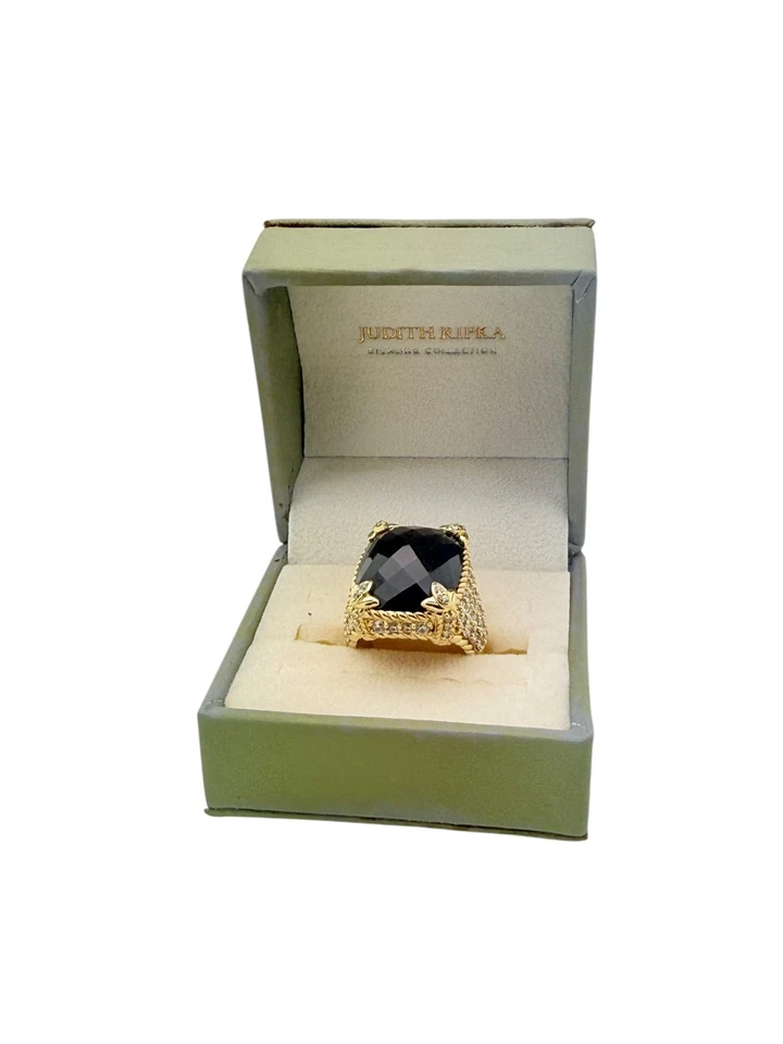 Judith Ripka Sterling Silver Gold Tone Pave CZ Black Onyx Ring Size 5 - Boxes! - Image 2 of 4