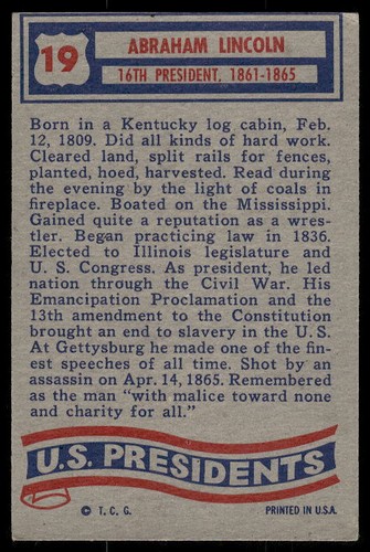 1972 Topps U.S. Presidents #19 Abraham Lincoln EX Condition - Picture 2 of 2