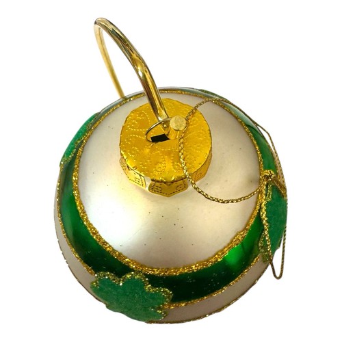 Irish Shamrock Stripe Glitter Christmas Ornament Blown Glass 3.5” Round Handmade - Picture 3 of 5