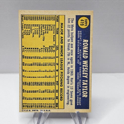 1970 Topps #419 Ron Taylor Baseball Card - New York Mets - Picture 2 of 2