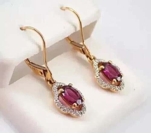 2.50Ct Oval Cut Lab Created Pink Ruby Dangle Earrings 14K Yellow Gold Plated - Picture 5 of 7