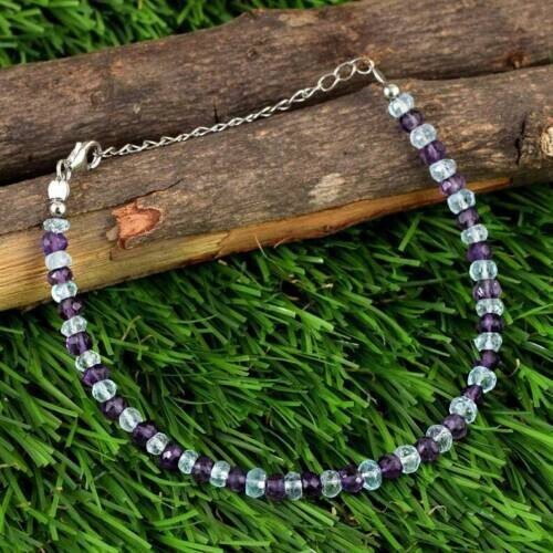 925 Sterling Silver Natural Purple Amethyst & Aquamarine 7" Beads Bracelet B-110 - Picture 4 of 4