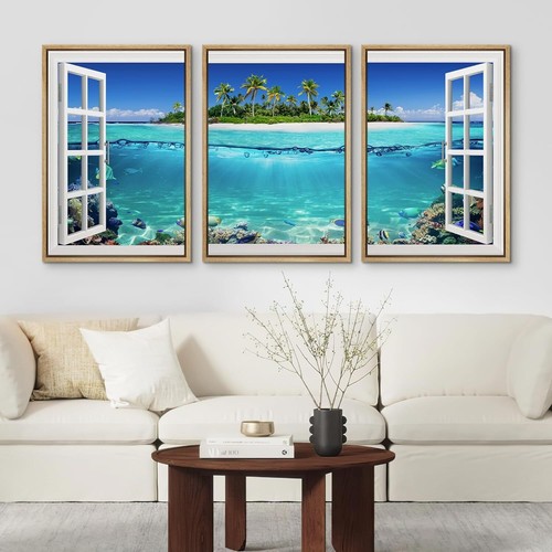 Wall26 Window Beach Tropical View Wall Art Framed Canvas Prints Set of 3 - Picture 5 of 13