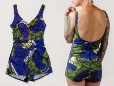 1950s Skirted Novelty Swimsuit Sweetheart Pin Up Ruched One Piece Playsuit